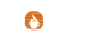 ROAR Coffee & Shop logo, silhouette of a cup with flames in it over an orange background